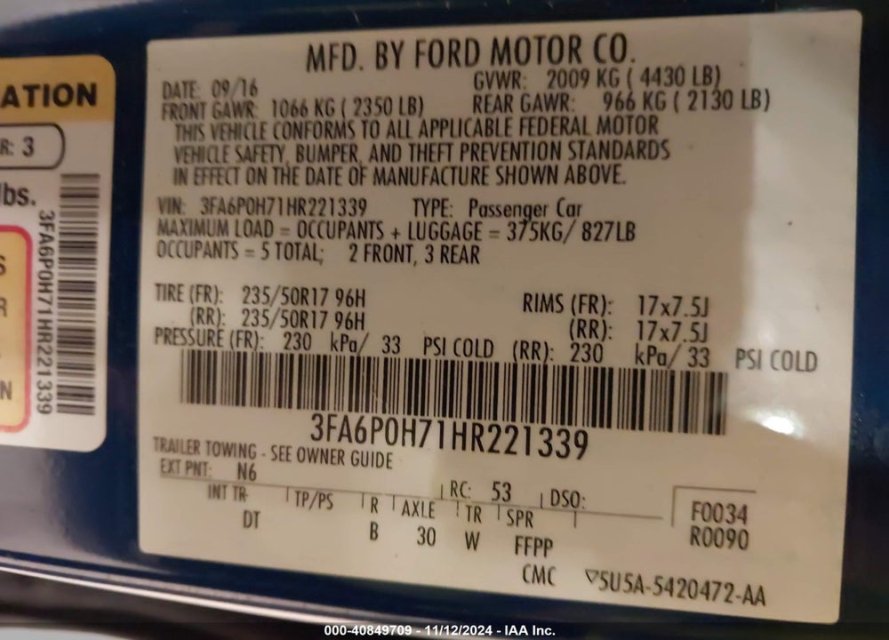 2017 FORD FUSION SE VIN: 3FA6P0H71HR221339