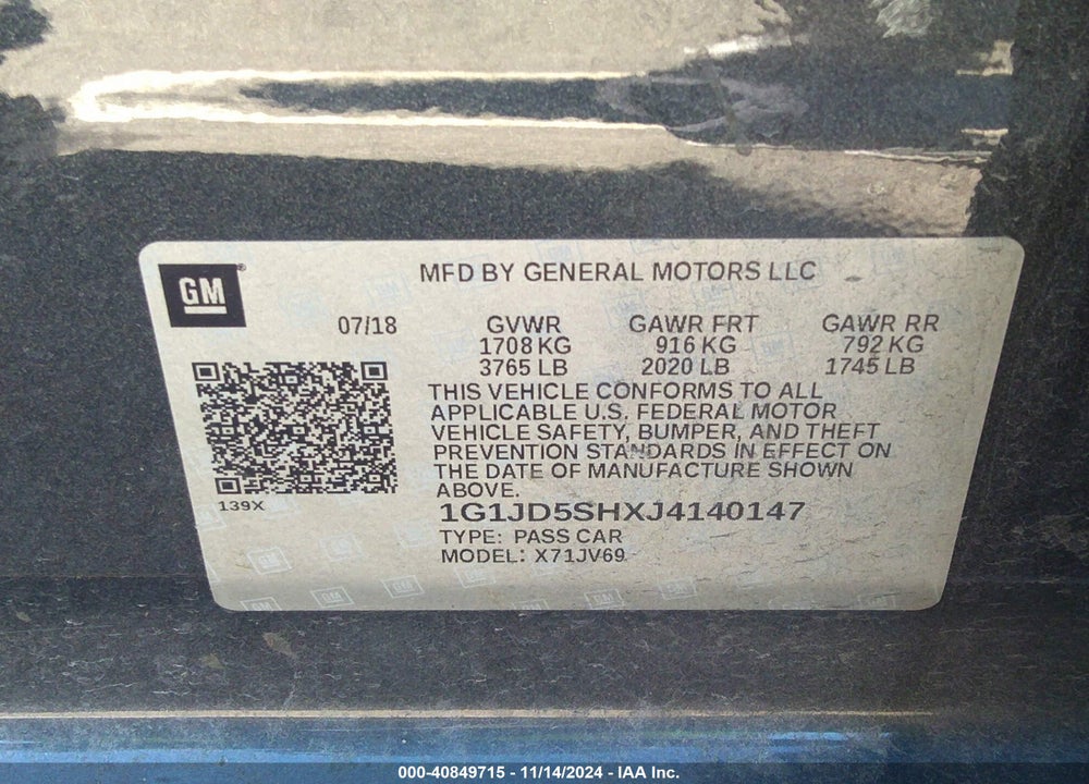 2018 CHEVROLET SONIC LT AUTO VIN: 1G1JD5SHXJ4140147