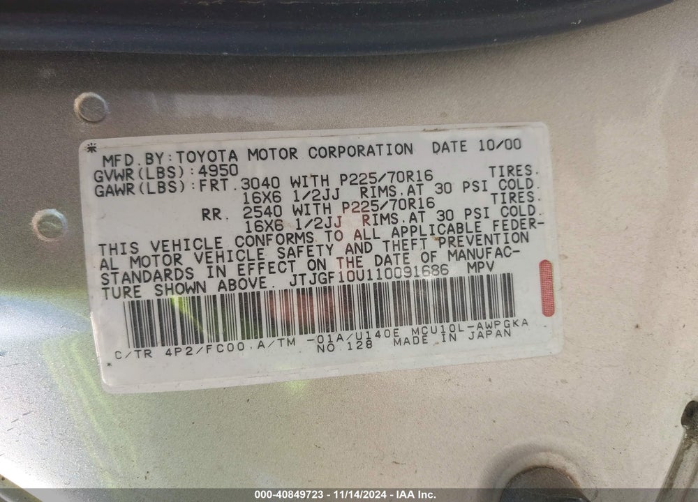 2001 LEXUS RX 300 VIN: JTJGF10U110091686