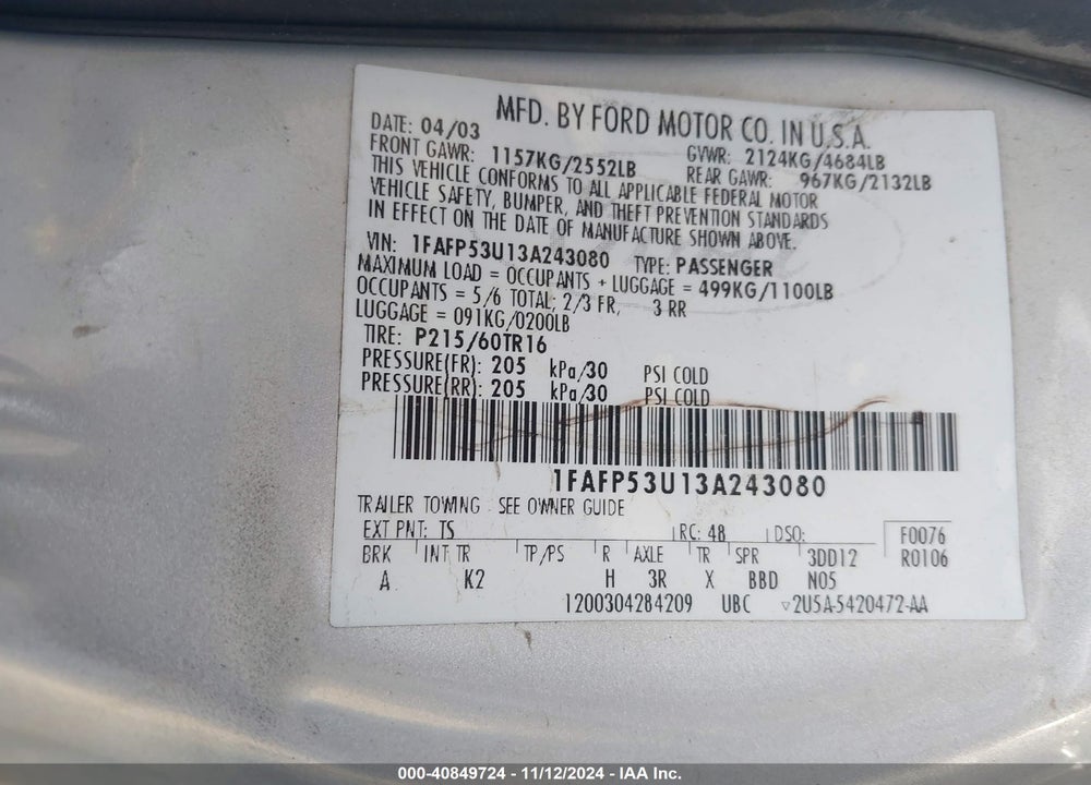 2003 FORD TAURUS SE VIN: 1FAFP53U13A243080