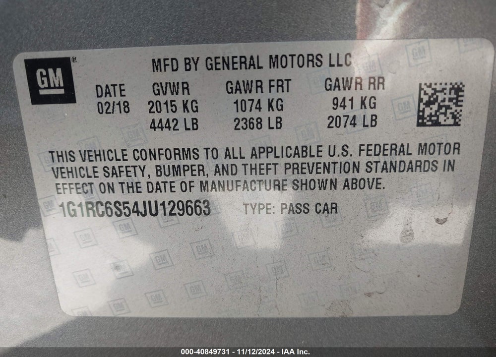 2018 CHEVROLET VOLT LT VIN: 1G1RC6S54JU129663