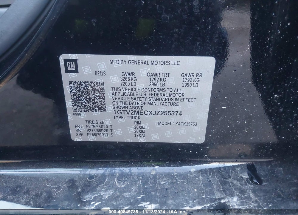 2018 GMC SIERRA VIN: 1GTV2MECXJZ255374