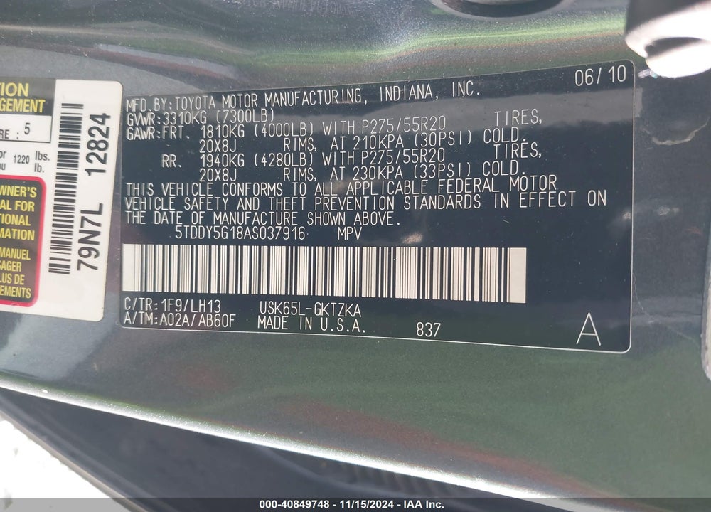 2010 TOYOTA SEQUOIA PLATINUM 5.7L V8 VIN: 5TDDY5G18AS037916