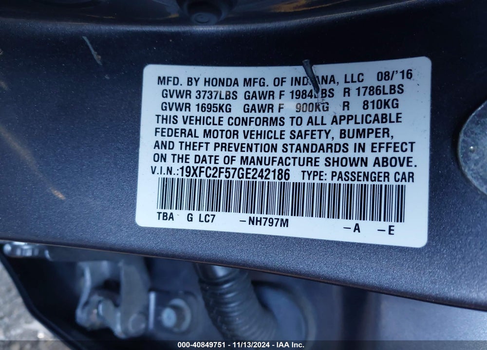 2016 HONDA CIVIC LX VIN: 19XFC2F57GE242186