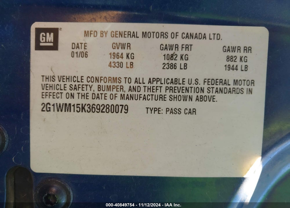 2006 CHEVROLET MONTE CARLO LT VIN: 2G1WM15K369280079
