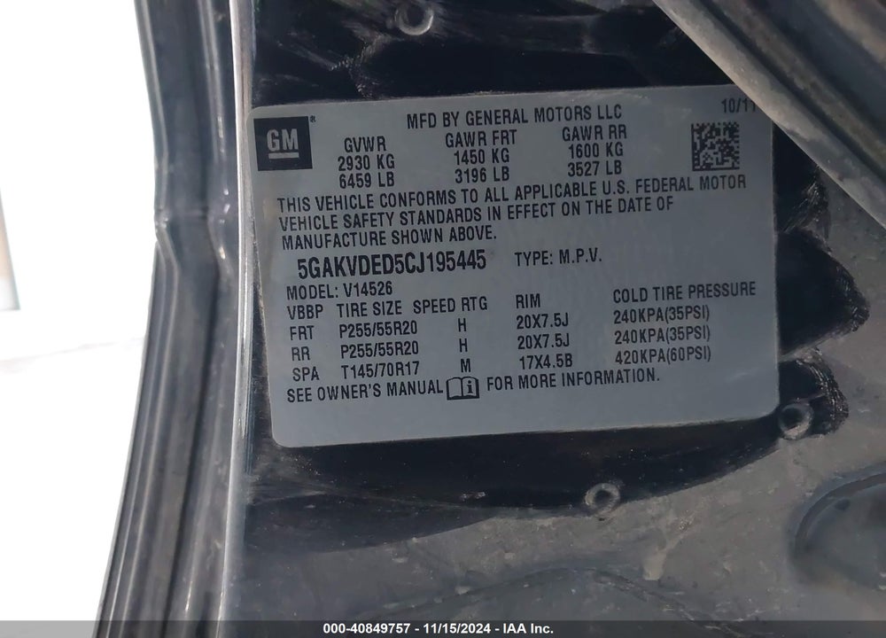 2012 BUICK ENCLAVE PREMIUM VIN: 5GAKVDED5CJ195445