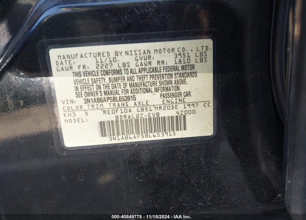 2011 NISSAN SENTRA 2.0 VIN: 3N1AB6AP5BL653915