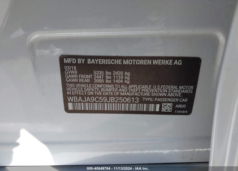 2018 BMW 530E IPERFORMANCE VIN: WBAJA9C59JB250613