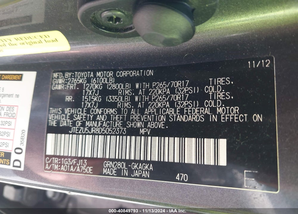 2013 TOYOTA 4RUNNER SR5 VIN: JTEZU5JR8D5052373