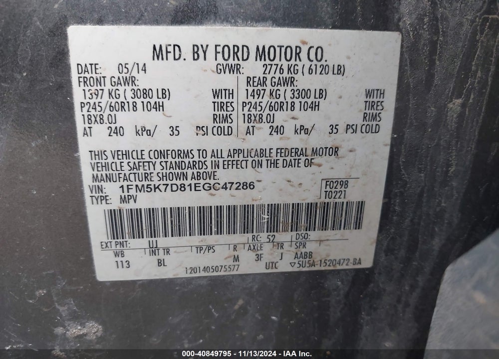 2014 FORD EXPLORER VIN: 1FM5K7D81EGC47286