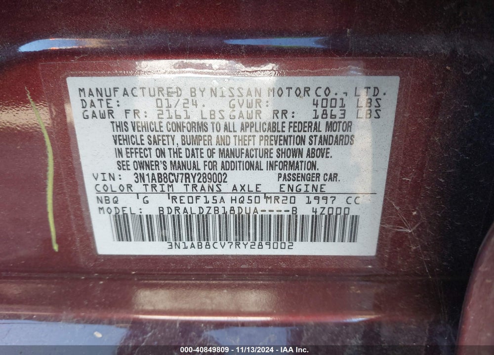 2024 NISSAN SENTRA SV XTRONIC CVT VIN: 3N1AB8CV7RY289002