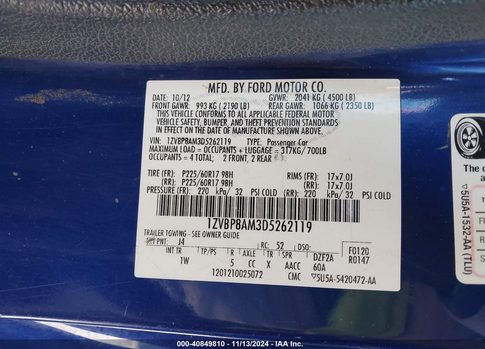 2013 FORD MUSTANG V6 VIN: 1ZVBP8AM3D5262119