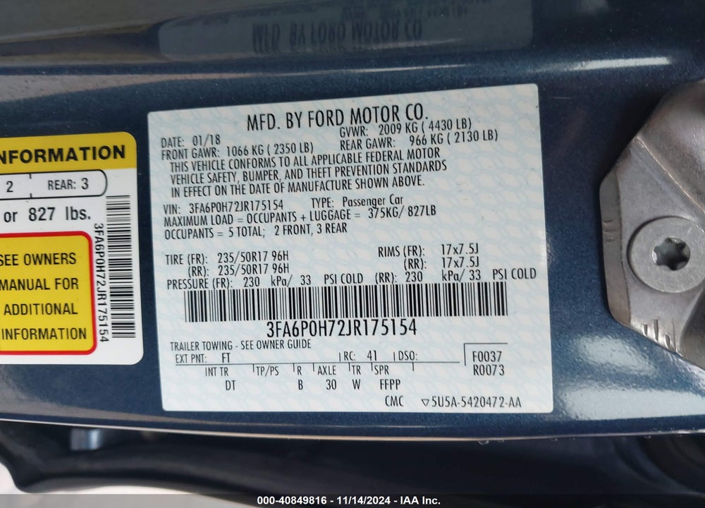 2018 FORD FUSION SE VIN: 3FA6P0H72JR175154