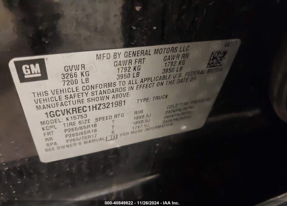 2017 CHEVROLET SILVERADO 1500 1LT VIN: 1GCVKREC1HZ321981