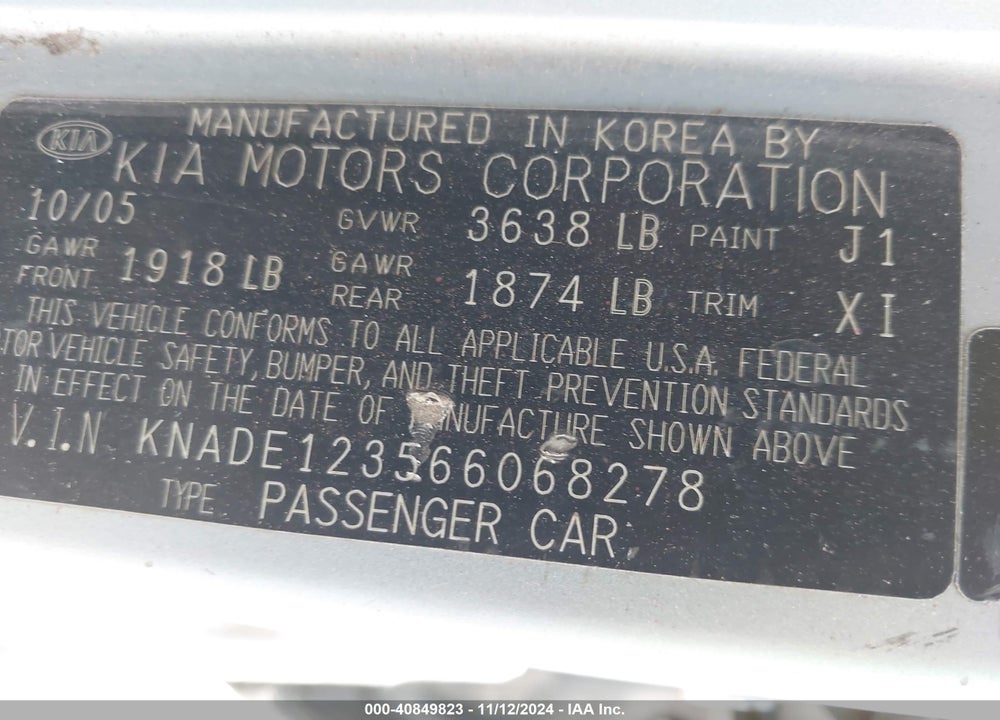 2006 KIA RIO LX VIN: KNADE123566068278