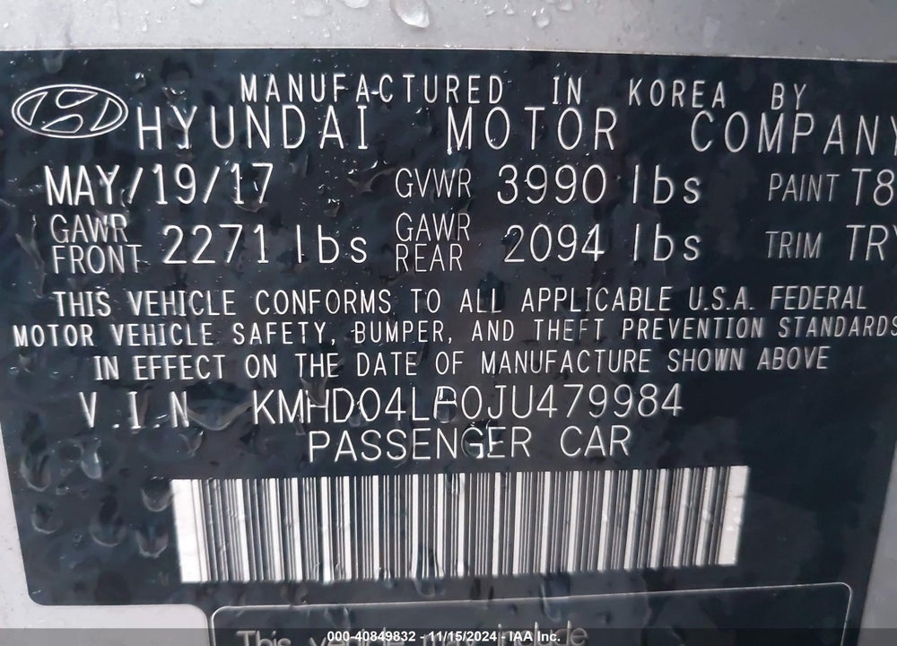 2018 HYUNDAI ELANTRA VIN: KMHD04LB0JU479984