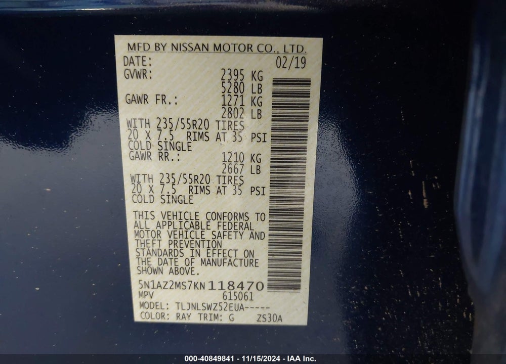 2019 NISSAN MURANO PLATINUM VIN: 5N1AZ2MS7KN118470