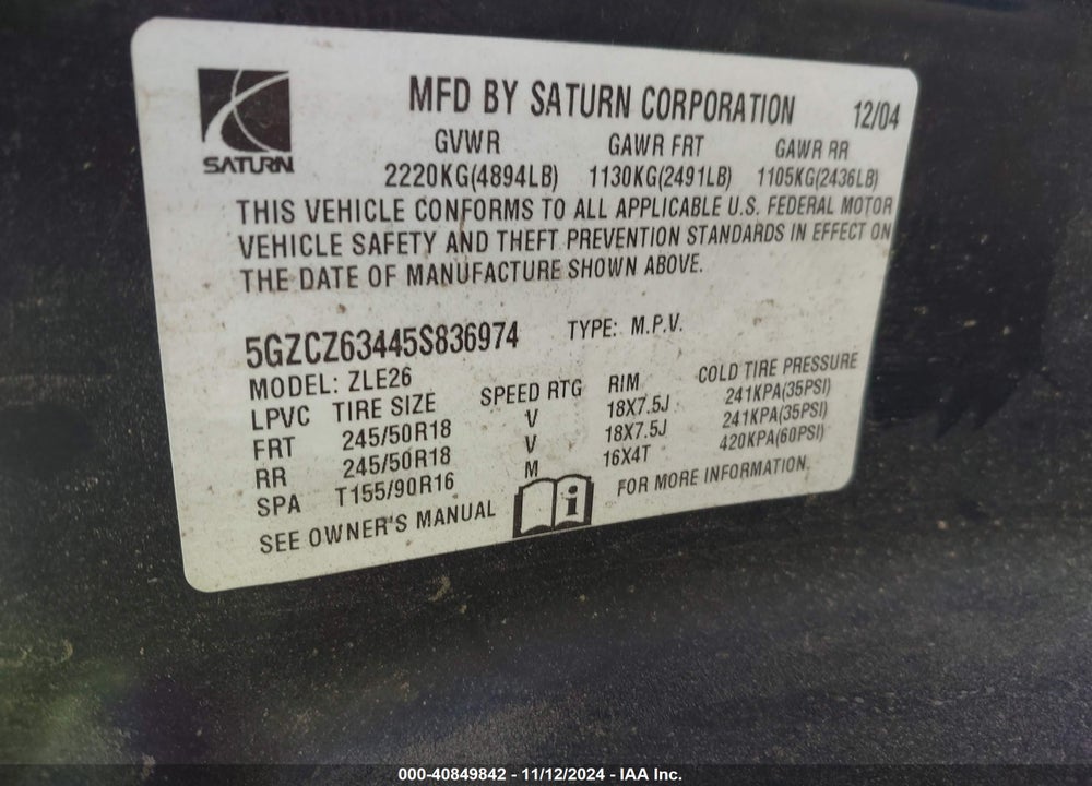 2005 SATURN VUE V6 VIN: 5GZCZ63445S836974