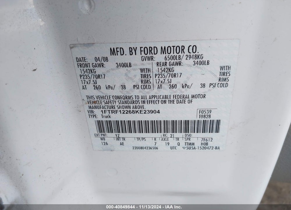 2008 FORD F-150 XL VIN: 1FTRF12268KE23904