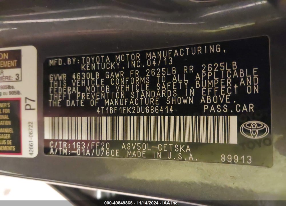 2013 TOYOTA CAMRY SE VIN: 4T1BF1FK2DU686414