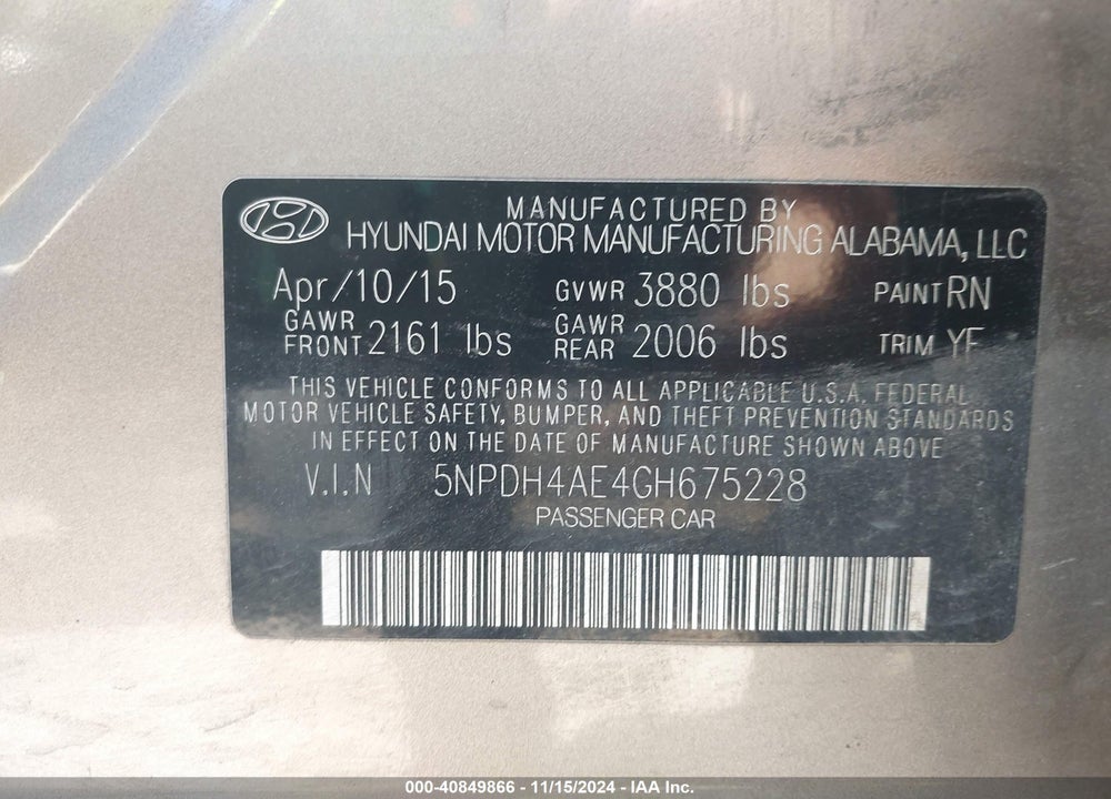 2016 HYUNDAI ELANTRA SE VIN: 5NPDH4AE4GH675228