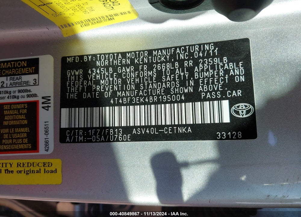 2011 TOYOTA CAMRY LE VIN: 4T4BF3EK4BR195004