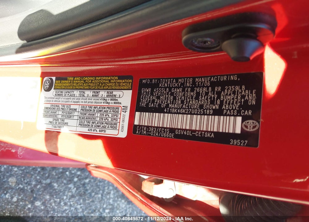 2007 TOYOTA CAMRY SE V6 VIN: 4T1BK46K27U025189