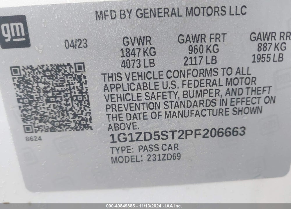 2023 CHEVROLET MALIBU FWD 1LT VIN: 1G1ZD5ST2PF206663