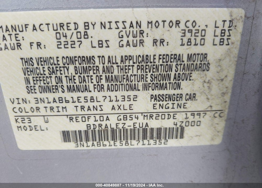 2008 NISSAN SENTRA 2.0S VIN: 3N1AB61E58L711352