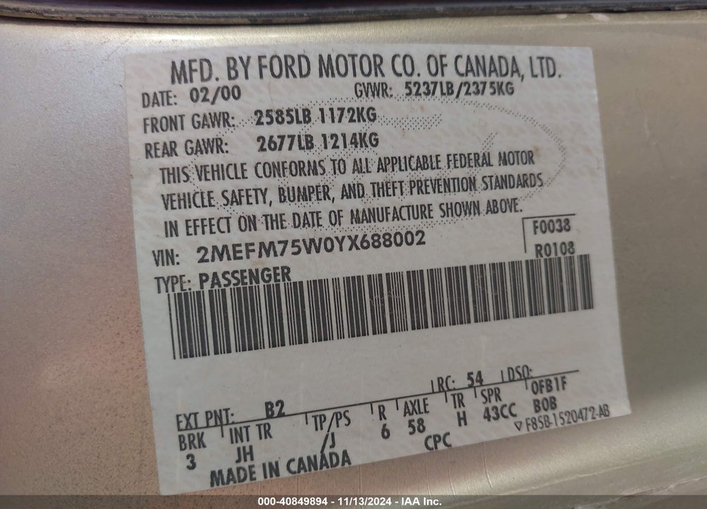 2000 MERCURY GRAND MARQUIS LS VIN: 2MEFM75W0YX688002
