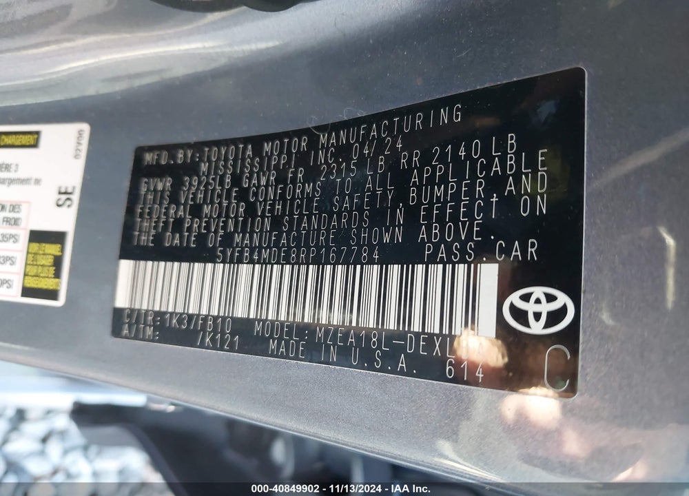 2024 TOYOTA COROLLA LE VIN: 5YFB4MDE8RP167784