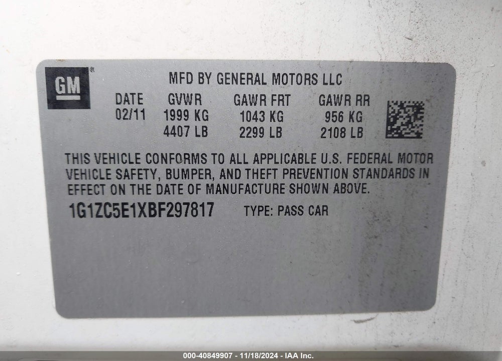 2011 CHEVROLET MALIBU 1LT VIN: 1G1ZC5E1XBF297817