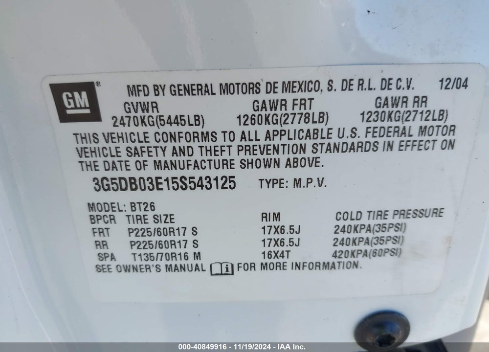 2005 BUICK RENDEZVOUS CX VIN: 3G5DB03E15S543125