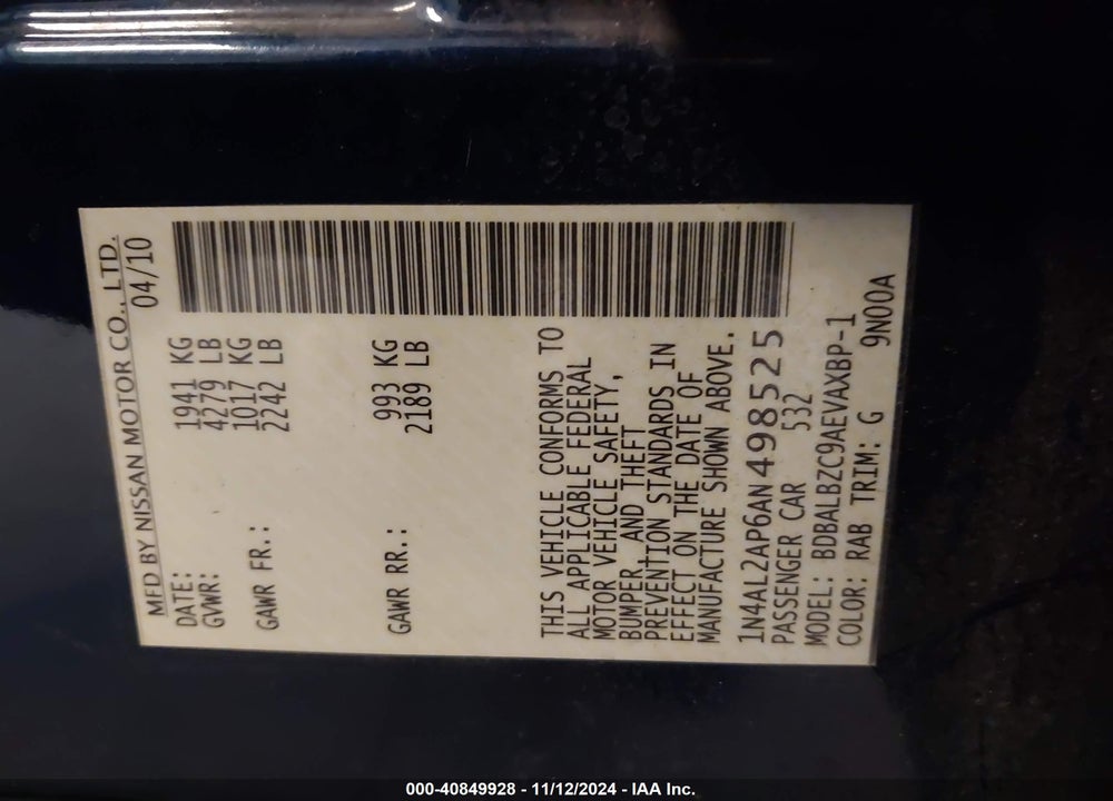 2010 NISSAN ALTIMA 2.5 S VIN: 1N4AL2AP6AN498525