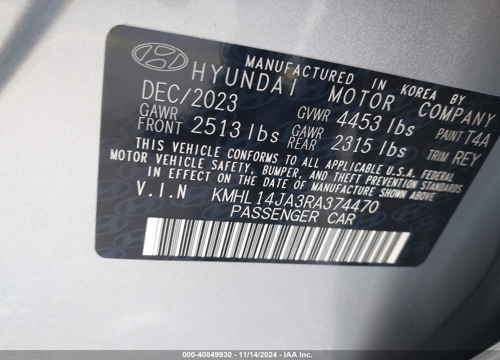 2024 HYUNDAI SONATA SEL VIN: KMHL14JA3RA374470