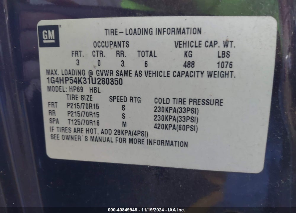 2001 BUICK LESABRE CUSTOM VIN: 1G4HP54K31U280350