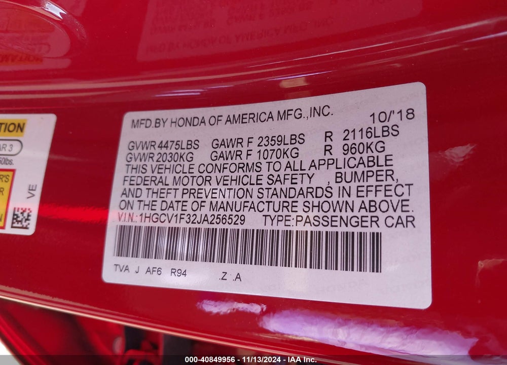 2018 HONDA ACCORD SPORT VIN: 1HGCV1F32JA256529