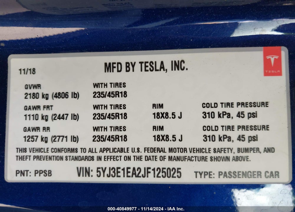 2018 TESLA MODEL 3 LONG RANGE/MID RANGE VIN: 5YJ3E1EA2JF125025