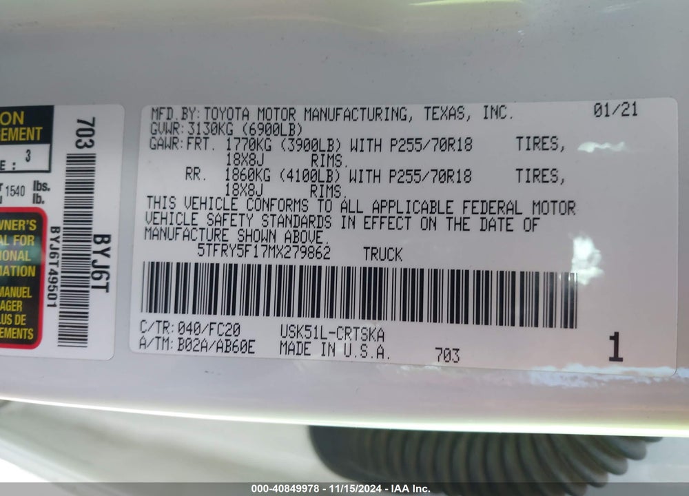 2021 TOYOTA TUNDRA SR5 VIN: 5TFRY5F17MX279862