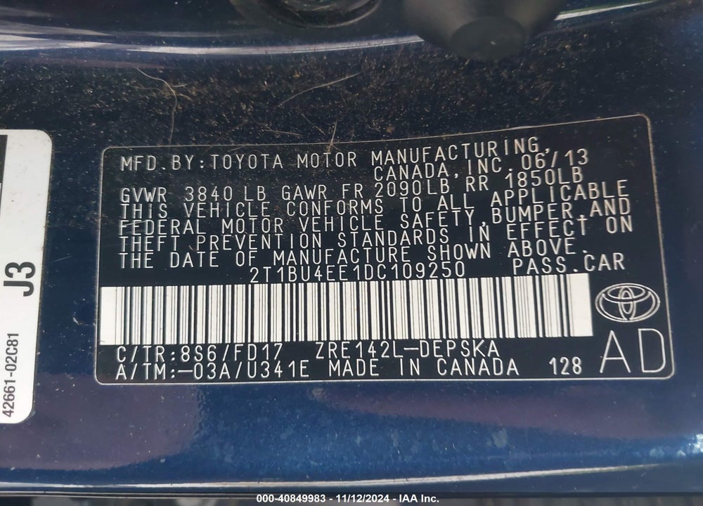 2013 TOYOTA COROLLA S VIN: 2T1BU4EE1DC109250