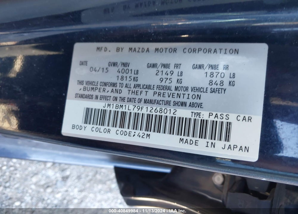 2015 MAZDA 3 I TOURING VIN: JM1BM1L79F1268012