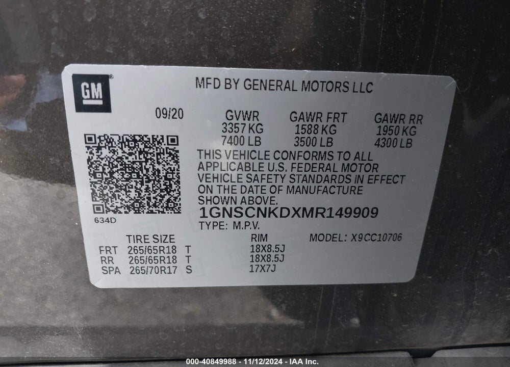 2021 CHEVROLET TAHOE 2WD LT VIN: 1GNSCNKDXMR149909
