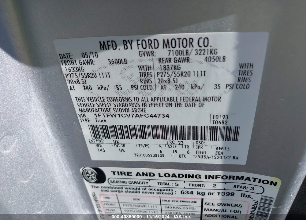 2010 FORD F-150 VIN: 1FTFW1CV7AFC44734