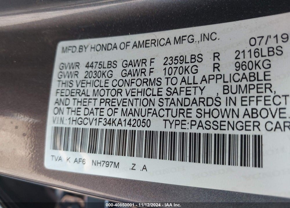 2019 HONDA ACCORD SPORT VIN: 1HGCV1F34KA142050