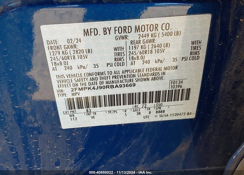 2024 FORD EDGE SEL VIN: 2FMPK4J90RBA93669
