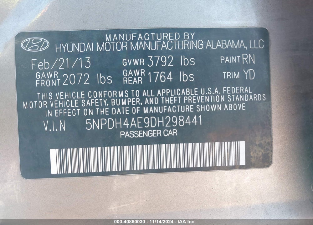 2013 HYUNDAI ELANTRA GLS VIN: 5NPDH4AE9DH298441
