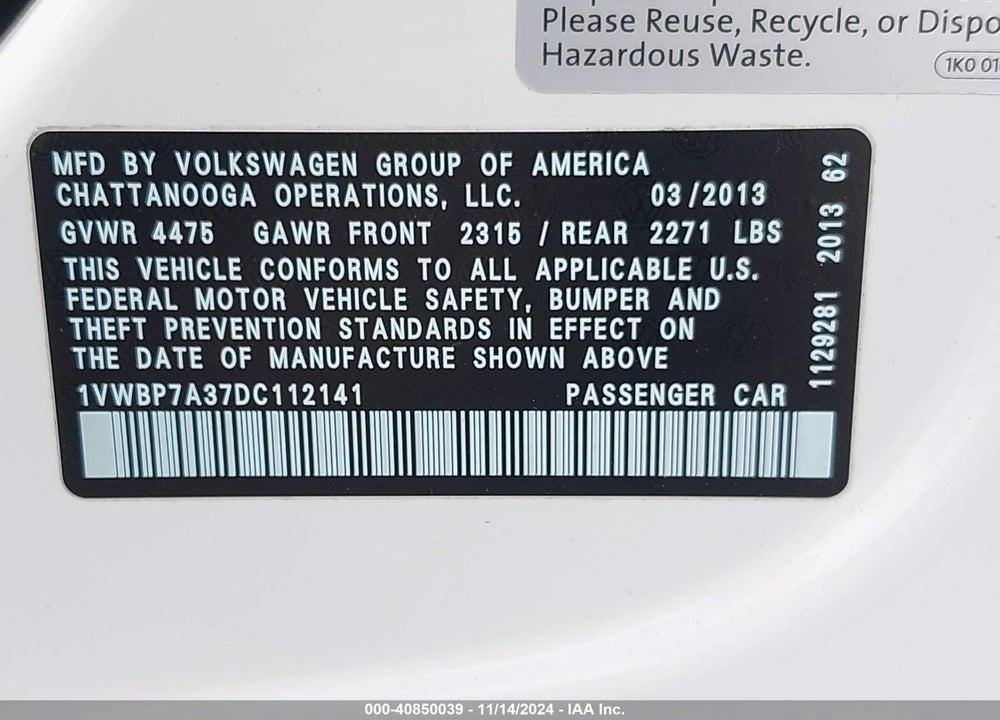 2013 VOLKSWAGEN PASSAT 2.5L SE VIN: 1VWBP7A37DC112141