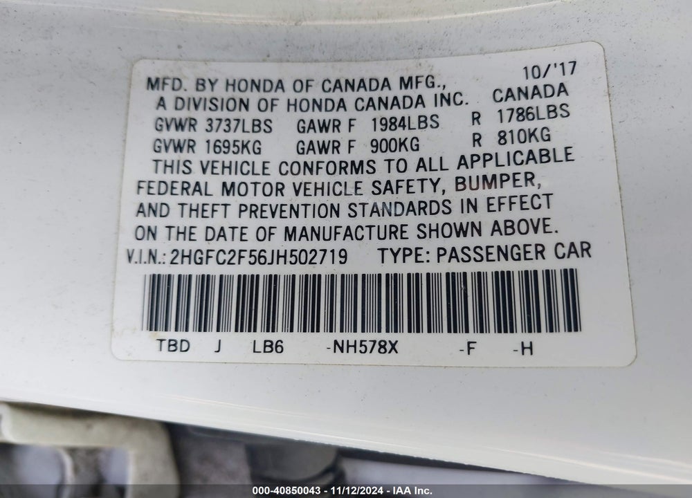2018 HONDA CIVIC LX VIN: 2HGFC2F56JH502719