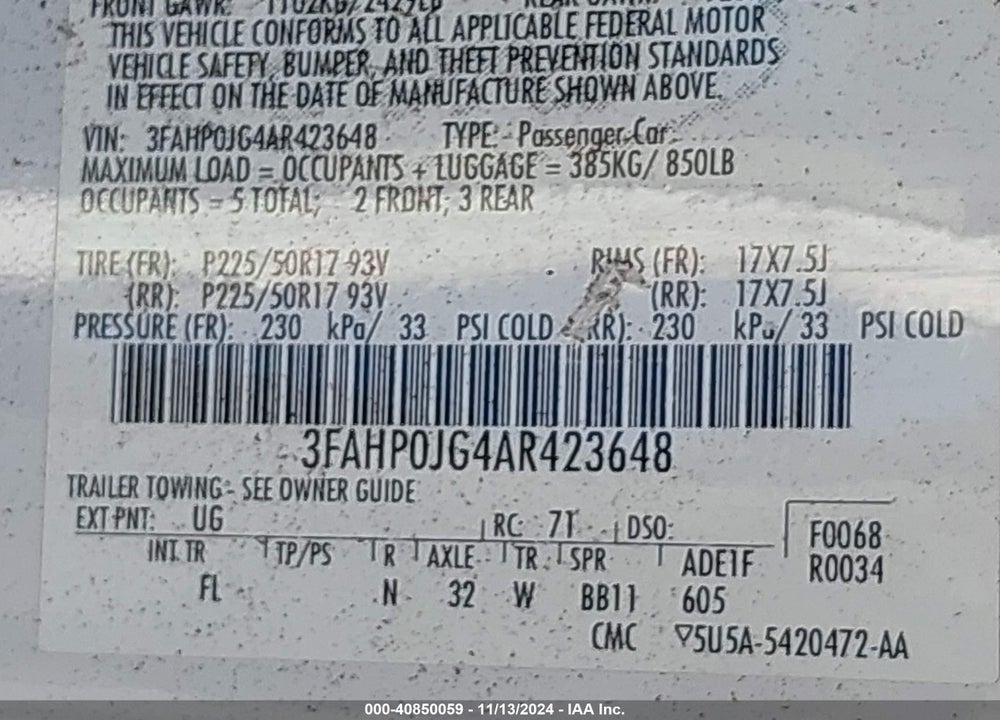 2010 FORD FUSION SEL VIN: 3FAHP0JG4AR423648