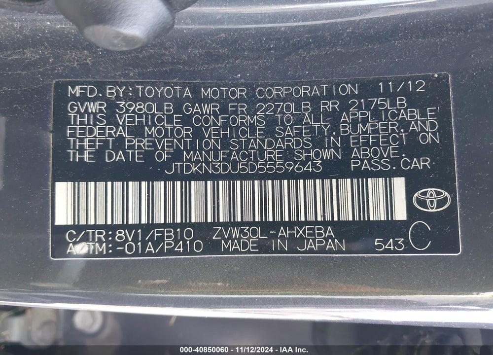 2013 TOYOTA PRIUS TWO VIN: JTDKN3DU5D5559643